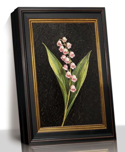 Vintage Lily of the Valley Wall Art, Black Gold Trim Frame, 9 x 11 In | Black frame with gold-tone trim showcases pink lily of the valley blooms for bedrooms, offices, shelves, or entryways. - color: Pink Lily of the Valley, size: 11"L x 9"W