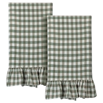 HunnmingRe Sage Green Kitchen Towels Set of 2, 100% Cotton Ruffled Gingham Dish Towels 18"x28" Tea Cloths Classic Plaid Pattern for Farmhouse Charm, Drying Dishes, Entertaining Guests - color: Sage Green, style: Gingham