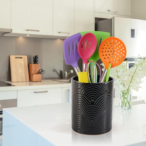 Ceramic Utensils Holder，Extra Large Stable Ceramic Cooking Tool Organizer Set for Kitchen，For Countertop ,Black - color: Black