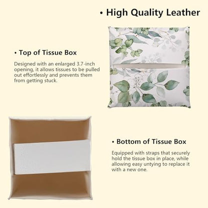 Leaves and Flowers Tissue Box Cover, Floral Leather Tissue Box Holder Square Facial Paper Organizer Dispenser for Bathroom Kitchen Bedroom Vanity Countertop Nightstands - color: Leaves and Flowers