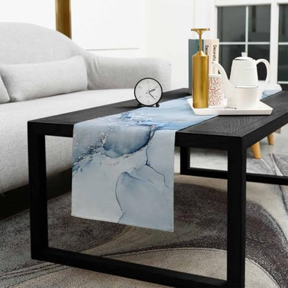 Marble Table Runner 90 Inches Long - Ombre Blue Marble Grey Farmhouse Modern Kitchen Dining Burlap & Cotton Tablerunner for Small/Round/Square/Wedding/Coffee/Dining Table Party Home Décor - size: 13 x 90 In