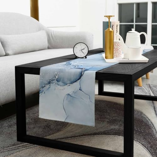 Marble Table Runner 72 Inches Long - Ombre Blue Marble Grey Farmhouse Modern Kitchen Dining Burlap & Cotton Tablerunner for Small/Round/Square/Coffee/Dining Table Party Home Dﾃｩcor 18x72 - size: 18 x 72 In