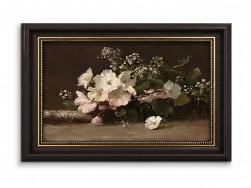Vintage Framed White Flower Wall Art,Moody Pink Flore Still Life Wall Decor | Dark Background Floral Painting Canvas Prints, Botanical Picture Artwork for Living Room - color: Floral Still Life, size: 11"L x 9"W