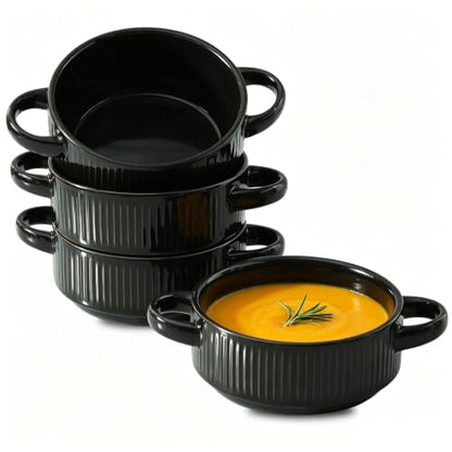 Soup Bowls with Handles, 23 oz French Onion Soup Crocks, Stackable Soup Bowl Oven Safe for Chili, Beef Stew, Embossment Ceramic Bowl Set - 5.4 Inch, Set of 4,Black - color: Black