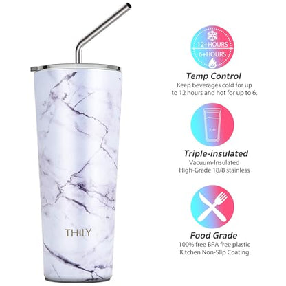 THILY Stainless Steel Vacuum Insulated Tumbler Travel Mug 26 oz Coffee Cup with 2 Lids and Straws, Splash Proof, Keep Ice Drinks Cold, White Marble - color: White Marble, size: 26 Ounce (Pack of 1)
