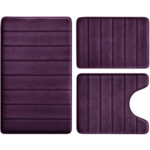 BYSURE Purple Memory Foam Bathroom Rug Set 17"x24"+20"x32"+U20 x24 | Non Slip Extra Soft Absorbent Machine Washable Toilet Bath Toilet Mat for Shower - color: Purple, size: 17"x24"+20"x32"+U Shape 20"x24"