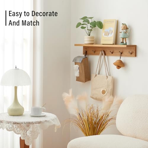 Wall Hooks with Shelf Oak Wood Coat Rack Shelf Wall Mounted, Entryway Shelves with 6 Metal Hangers for Clothes Hats Towel for Bathroom, Bedroom, Living Room (Natural, 27.5 inches) - size: 27.5 inches