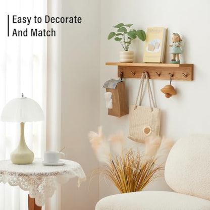 Wall Hooks with Shelf Oak Wood Coat Rack Shelf Wall Mounted, Entryway Shelves with 6 Metal Hangers for Clothes Hats Towel for Bathroom, Bedroom, Living Room (Natural, 27.5 inches) - size: 27.5 inches