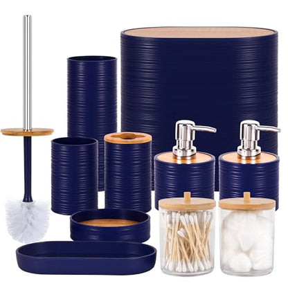 10 PCS Navyblue Bathroom Accessories Set with Trash Can Bathroom Accessory | All-in-One Kit with Trash Can,Toothbrush Holder,Soap Dispenser,Toothbrush Cup,Vanity Tray,Soap Dish,Toilet Brush etc for Home - color: Navy Blue