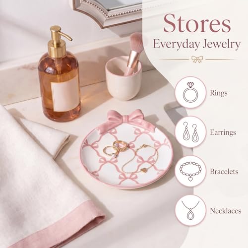 Pink Bow Ceramic Jewelry Tray Coquette Ring Holder Trinket Dish for Rings Earrings Necklaces Cute Bow Decorative Organizer Tray for Dresser Vanity Gift for Women