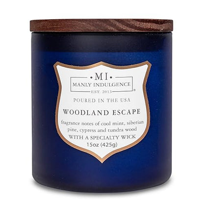 Manly Indulgence Woodland Escape Scented Candles for Men, 15 oz Wooden Wick, Premium Soy Blend Wax, 60H Burn, Candles for Home Scented - Made in The USA - color: Woodland Escape