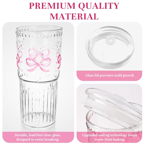 22 Oz Ribbed Glass Cups with Lids and Straws Set of 2, Glassware Set with Pink Bow Glass Tumbler Iced Coffee Cups, Ideal for Iced Coffee, Tea, Milk, Smoothie, Hot Drinks