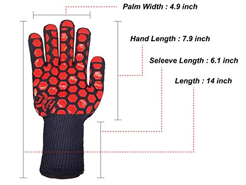 J H Heat Resistant Oven Glove:EN407 Certified 932 °F, 2 Layers Silicone Coating, Oven Mitts for Cooking, Kitchen, Fireplace,Camping, Grilling (Black/Red, Extra Long Cuff) - color: Black/Red, size: Extra Long Cuff