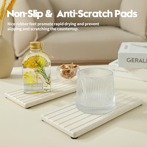2 Pack Greige Bathroom Sink Vanity Trays, Diatomite Stone Kitchen Counter Caddy Dish Soap Dispenser Sponge Holder, Water Absorbing Mat Organizer for Plant,Cosmetic Bottle, Beige, 8"x3.8" - color: 2pcs - 8"x 3.8" - Beige