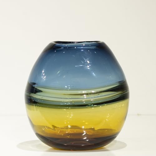 Glass Handmade Decorative Vase Ombre Centerpiece Vase with Yellow Base, Flower Vase for Home Decoration (Low vase) - size: low vase