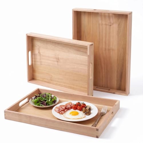 3-piece Set Wooden Serving Tray with Handles (17 Inches) – Decorative Serving Trays Platter for Breakfast in Bed, Lunch, Dinner,Ottoman, Appetizers, Patio, BBQ,Coffee Table, Party (Acacia) - color: 3-piece Set