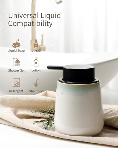 Bosilunlife 12Oz Ceramic Foam Soap Dispenser for Bathroom Kitchen Counter | Premium countertop foam pump creates delicate dense foam, stable desktop placement, Blue-Green Rim - color: Blue-green Rim