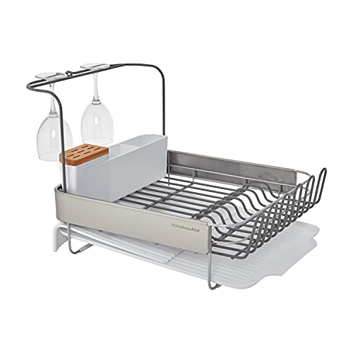 KitchenAid Full Size Compact to Full Capactiy Expandable Rust Resistant Dish Rack, with Self Draining Angled Drainboard and Removable Flatware Caddy, 24-Inch, White - color: White, size: Expandable
