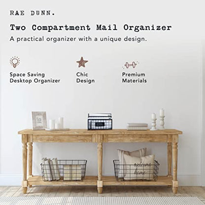 Rae Dunn Desktop Letter Holder – 2 Compartment Mail and Stationary Table Top Organizer – Chic and Stylish Galvanized Steel and Solid Wood - “Letters” Print - for Home and Office - color: Dark Stain
