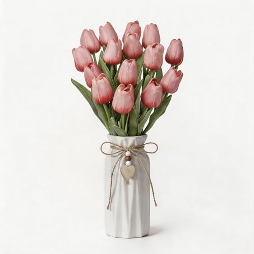 Artificial Tulip Flower Arrangement in Ceramic Vase with Rustic Heart Charm, 15 PCS PU Real Touch Faux Floral Table Centerpiece for Home, Dining Table, Wedding Décor, Peach Pink - color: Peach Pink