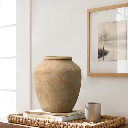 LuxenHome 10.4" Rustic Ceramic Vase with Earthy Brown Tones | Terracotta Vases, Farmhouse Flower Vase for Shelf Living Room Decor, Vintage Pottery for Entry Way Table Home Decor - color: Brown B