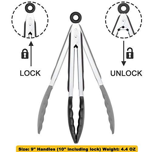 HINMAY 9-Inch Serving Tongs Silicone Tongs, Set of 3 (Black White Gray) - color: Black Gray White