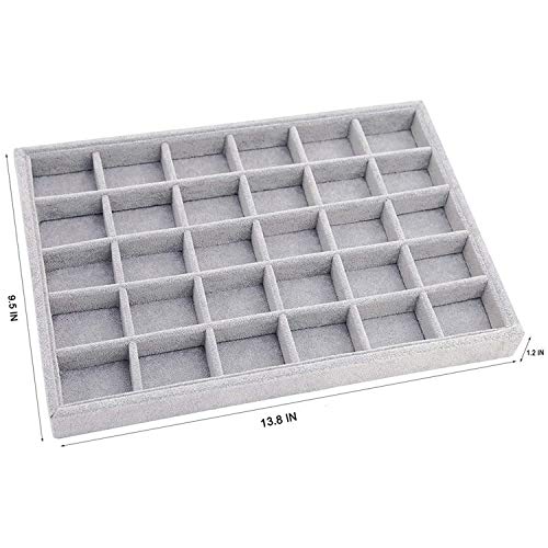 Grey Velvet Stackable 30 Compartments Jewelry Tray Box Showcase Display | Organizer Holder Rectangle Storage Case Containers Chest for Women Crystal Stone Stud Drop Earring Watch Bead Trinket Diamond - color: Grey 30 Grid
