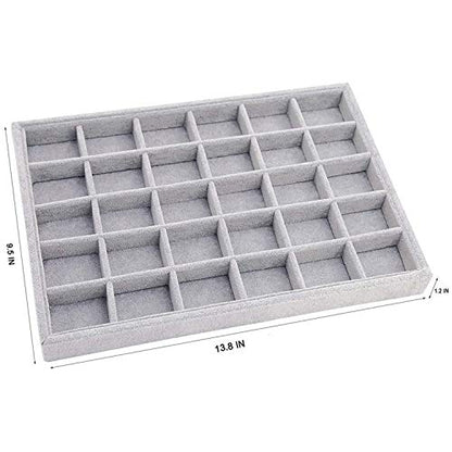 Grey Velvet Stackable 30 Compartments Jewelry Tray Box Showcase Display | Organizer Holder Rectangle Storage Case Containers Chest for Women Crystal Stone Stud Drop Earring Watch Bead Trinket Diamond - color: Grey 30 Grid