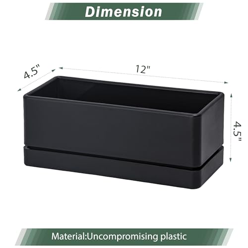 D'vine Dev 2-Pack Rectangular Planters, 12 x 4.5 in, Black, 76-X-B-2 | Minimalist Design, Large Planting Capacity, Drainage Holes & Saucer, Thick-Walled Durable Build, Ideal for Windowsills - color: Black