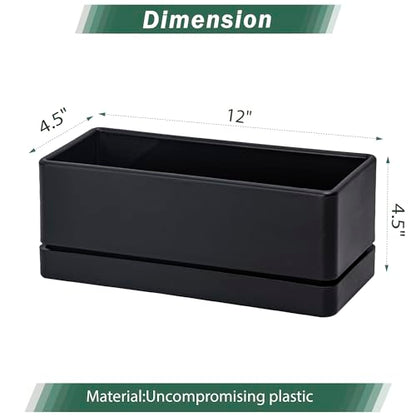 D'vine Dev 2-Pack Rectangular Planters, 12 x 4.5 in, Black, 76-X-B-2 | Minimalist Design, Large Planting Capacity, Drainage Holes & Saucer, Thick-Walled Durable Build, Ideal for Windowsills - color: Black