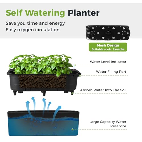2 Pack Rectangular Self Watering Planter 15.6 x 5.4 in Window Sill Planters Indoor Rectangle Planter Self Watering Pots Plastic Plant pots with Drainage Holes Black Flower Pot (Black) - color: Black