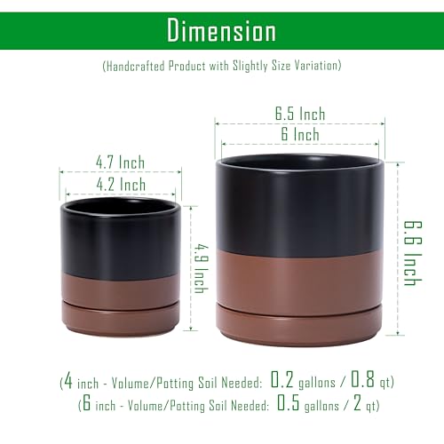 D'vine Dev 2-Pack Ceramic Pots with Saucers, Black/Tan, 4/6 in, 94-G-S-7 | Glazed Ceramic, Drainage Hole, Perfect-Fit Saucer, Sleek Cylinder Shape, High Temperature Fired, Elegant Home Accent - color: Black/Speckled Tan, size: Small