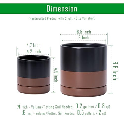 D'vine Dev 2-Pack Ceramic Pots with Saucers, Black/Tan, 4/6 in, 94-G-S-7 | Glazed Ceramic, Drainage Hole, Perfect-Fit Saucer, Sleek Cylinder Shape, High Temperature Fired, Elegant Home Accent - color: Black/Speckled Tan, size: Small