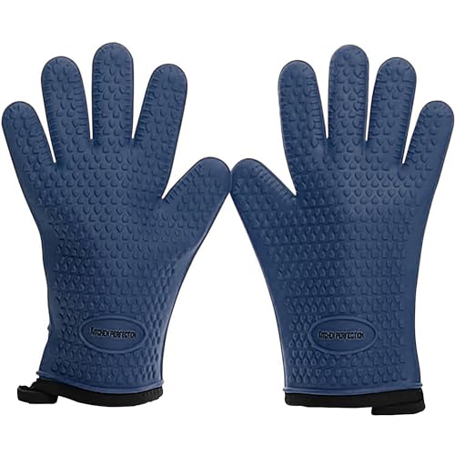 KITCHEN PERFECTION XL Silicone Smoker BBQ Gloves -Heat Resistant Oven Mitts | Waterproof, 5-Finger Design For A Better Grip, for Pitmasters, Meat Smoking, Grilling, Cooking, Frying Turkey | Grill Gift - color: Navy, size: X-Large