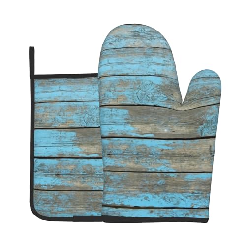 Blue Wood Oven Mitts and Pot Holder Set of 2 Rustic Board Heat Resistant Gloves Hot Potholders Kitchen Decor for Cooking Grilling Baking - color: Blue Wood