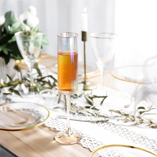 Joeyan Iridescent Gold Rim Ribbed Champagne Flutes Glasses Set of 2, 7oz Square Hand Blown Crystal Prosecco Glasses for Toasting, Sparkling Wine, Mimosas, Cocktails, Wedding, Party, Anniversary, Gift - color: Iridescent champagne glasses
