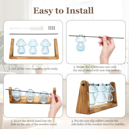 Hyindoor Propagation Stations with Wooden Stand & 3 Glass Mushroom Vases, Plant Terrarium Mushroom Planter for Hydroponics Home Garden Ofiice Tabletop Decor, Propagation vases Gifts for Women Mom