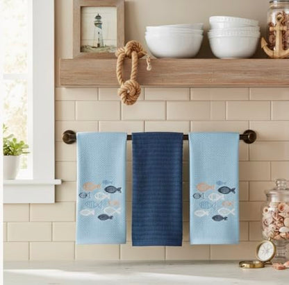 Coastal Kitchen Towels- Set of 3 Blue 100% Cotton Embroidered Whimsical School of Fish Design - 16 x 26 Multipurpose Towels for Everyday Use - color: School of Fish