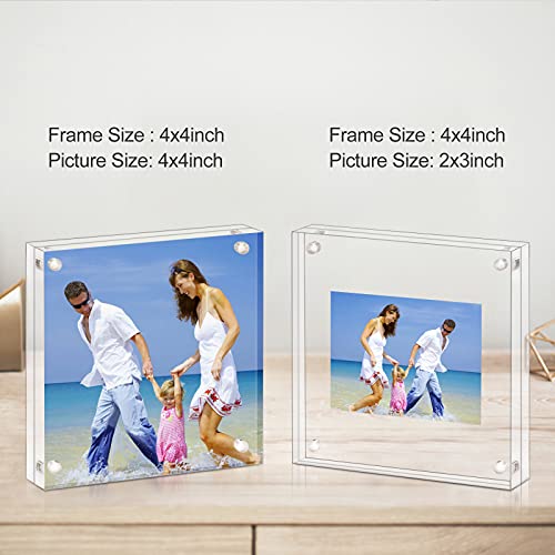 AMEITECH 4x4 Inch Acrylic Picture Frame, Clear Double Sided Block Acrylic Photo Frames, Desktop Frameless Magnetic Photo Frames | Double Sided Floating Magnetic Frames, 20mm Thick, Free Standing Desktop Display for Postcards, Pictures and Artworks - size:
