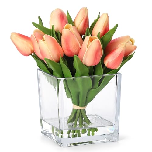 Garvee Orange Tulip Artificial Flowers with Glass Vase, Silk Faux Tulip Flower Arrangement with Faux Water, Fake Flowers in Vase for Table Centerpieces, Shelf Bathroom Decor, Home & Wedding Decoration - color: Tulip Orange