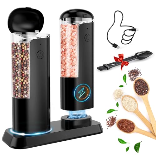 Electric Salt and Pepper Grinder Set: Rechargeable Pepper Mills Set | Electric For Gravity Spice Grinders Adjustable Automatic Peppercorns Mills Refillable Shaker Mill Large Capacity - color: Black light