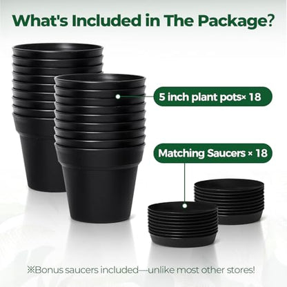 T4U Small Plant Pots 5 Inch 18 Pack, Plastic Flower Pots with Saucer Black | Nursery containers for succulents cactus herbs, Desk windowsill shelf, Violet african violet, Compact lightweight - color: Black, size: 5 In