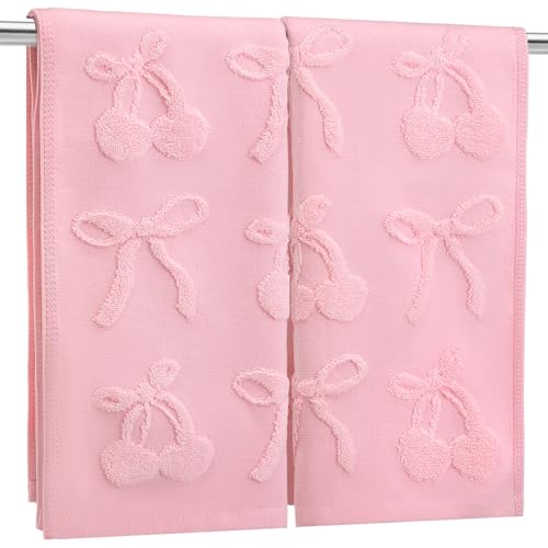 2 Pcs Pink Hand Towels for Bathroom Coquette Decor, 100% Cotton | Jacquard Weave with Bow Cherry Decor, Coquette Preppy Style for Teen Girls Bathroom, Soft Absorbent Towels, 13.7x29.5 Inch - color: Pink, style: Cherry