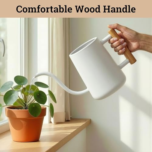 Metal Small Indoor Watering Can with Long Spout & Real Wood Handle, 35oz | Long Spout, Stainless Steel, Real Wood Handle, Gentle Flow, No Spills, Suitable for House Plants, Succulents & Seedlings - color: White