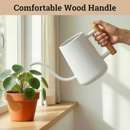 Metal Small Indoor Watering Can with Long Spout & Real Wood Handle, 35oz | Long Spout, Stainless Steel, Real Wood Handle, Gentle Flow, No Spills, Suitable for House Plants, Succulents & Seedlings - color: White