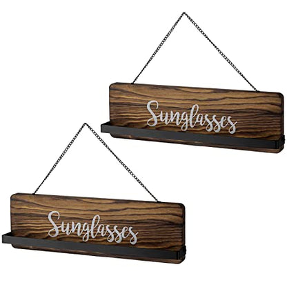 MyGift Rustic Burnt Wood Wall Mounted Sunglasses Storage Holder, Eyewear Hanging Display Organizer Rack with Cursive Sunglasses Lettering, Set of 2