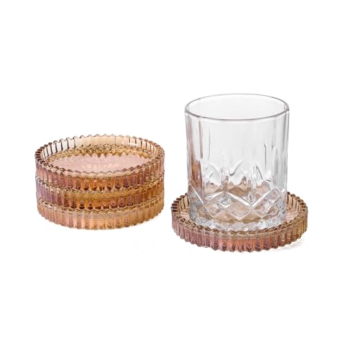 Glass Coasters Round Cup Mat, Clear Glass Coasters for Drinks Coffee Tea Wine, Decorative Wine Bottle Coaster, Crystal Drink Coaster for Restaurant bar Kitchen Dining Table (BD-Amber-4pcs) - color: Bd-amber-4pcs