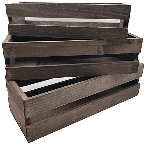 3 Pack Wooden Crates for Display, Nesting Farmhouse Decorative Wood Boxes | Rustic Storage Crates for Crafts and DIY, Graduated Sizes (L/M/S), Brown Finish, Centerpiece Home Decor, Oojami - color: Brown