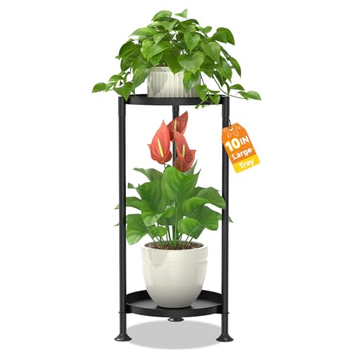 LASZOLA Plant Stand Indoor Tall Corner with Large Metal Tray, 2 Tier Black | Round Flower Holder Rack Outdoor, Morden Planter Display Shelf for Patio Porch Garden Office Living Room - color: Classic Black, size: 2 Tier