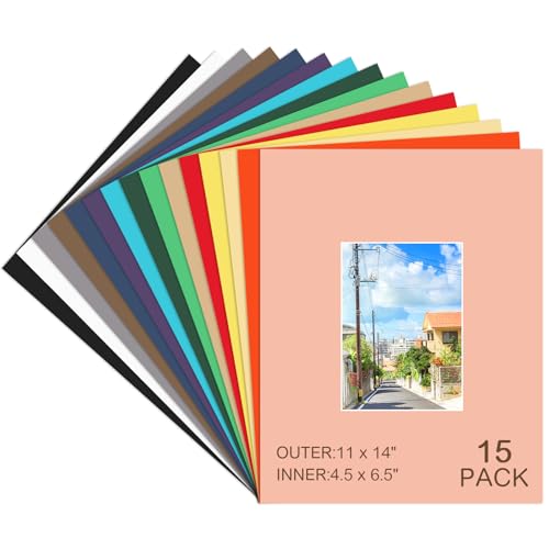 15 Pack 11x14 Picture Mats for 5x7 Photos, Mixed Colors, Bevel Cut | 1.2 mm Thick Mat Board, Cream Core, Protects Photos and Art, Fits Frames, for Prints, Watercolor, Gallery Display - size: 11x14 for Photos 5x7